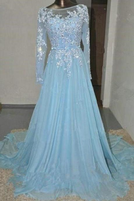 Long Sleeves Prom Dress,sexy Prom Dress,a-line Prom Dress,appliques Prom Dress,chiffon Prom Dress