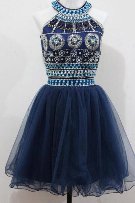 Crystal Beaded Two Piece Homecoming Dresses ,sequined Short Prom Dress,gorgeous O-neck Party Dress Short