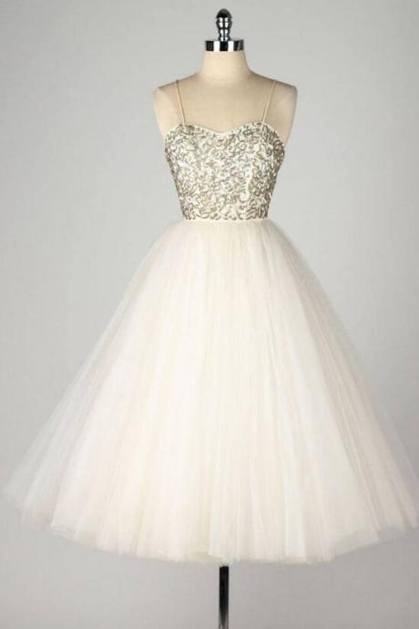 Spaghetti Strap A-line Short Prom Dess,tulle Homecoming Dress With Sequin Embellishment - Homecoming Dress, Prom Dress, Formal Dress