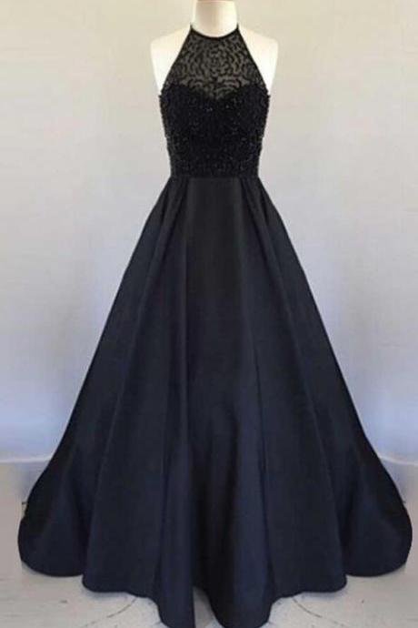 Elegant Black Prom Gown,long Stain Prom Dresses 2017,a Line Prom Dresses,beading Prom Dresses, Prom Dress