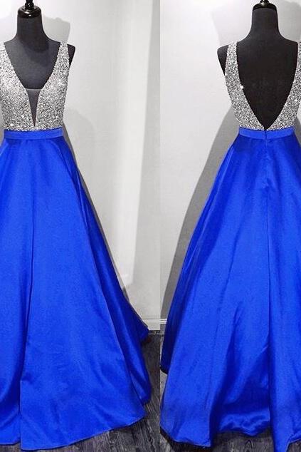 Deep V Neck Royal Blue Prom Dresses,backless Prom Gowns,back V Evening Gowns,beaded Long Ball Gown Party Dresses,quinceanera Dresses,formal Woman