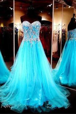 Beaded Blue Tulle Long Prom Dress,a Line Lace Back Up Prom Gown, Handmade Evening Gowns, Formal Women Dresses