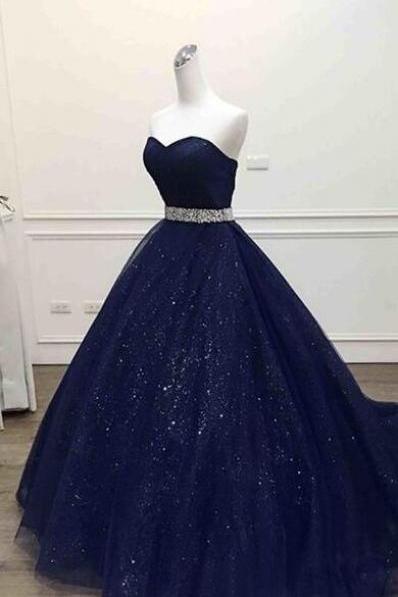 Dark Blue Tulle Prom Dresses,sweetheart Prom Dresses,sequins Floor-length Prom Dresses.ball Gown Prom Dress, Quinceanera Dresses,prom Dress