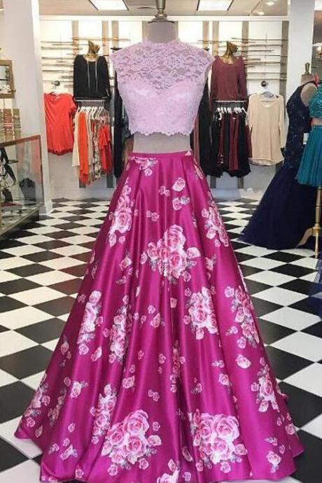 Fabric Print Prom Dresses, Lace- Top Prom Dresses, Print Floral Party Dress, 2 Piece Prom Dresses