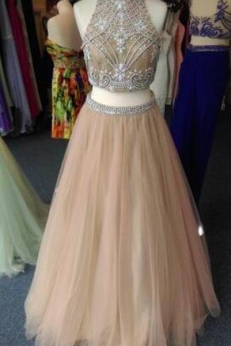 Long Tulle Prom Dresses , Hign Neck Sheer Neck Prom Dress, Sleeveless Backless Prom Dresses,crystal Champagne Party Gowns