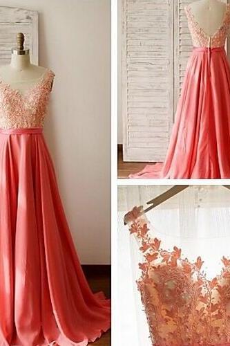 Charming Lace Chiffon Prom Dress,appliques Long Prom Dress,lace Prom Gown,long Evening Dress,formal Dress 2017