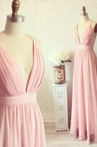 Charming Bridesmaid Dress,deep V Neck Prom Dress,pink Prom Dress, Dress,chiffon Prom Dress,beautiful Evening Dress
