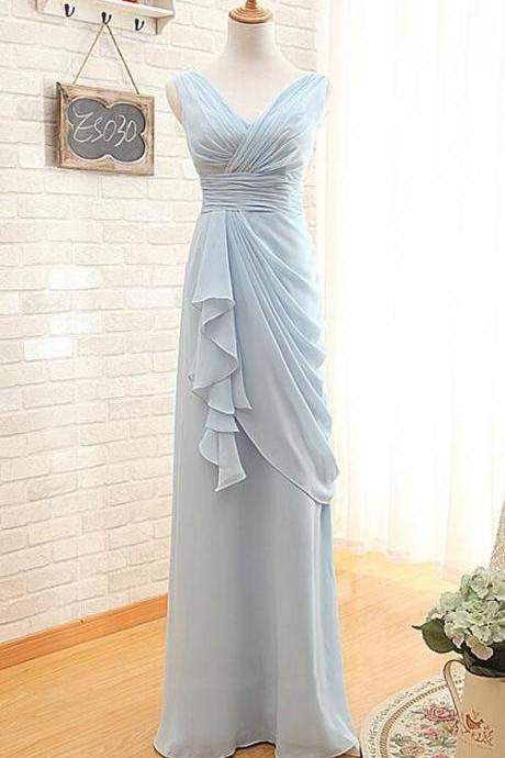 Sleeveless Long Chiffon Bridemsaid Dress,Long Bridesmaid Dress,V Neck Light Blue Prom Dress,Wedding Bridesmaid Dress,High Quality Bridesmaid Dresses