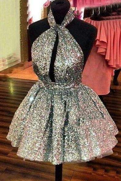 Short Mini Silver Sequins Prom Dress,sexy Prom Dress,shiny Homecoming Dresses,a Line Backless Sexy Homecoming Dresses