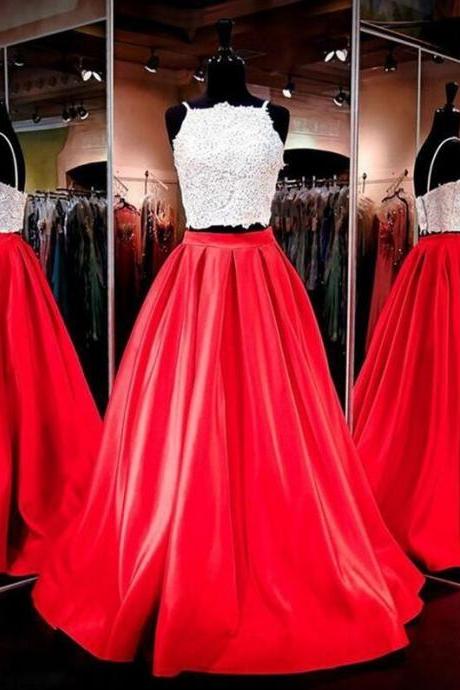 Two Pieces A Line Prom Dresses,red Prom Dress,elegant Lace Evening Dress With Straps,formal Dress