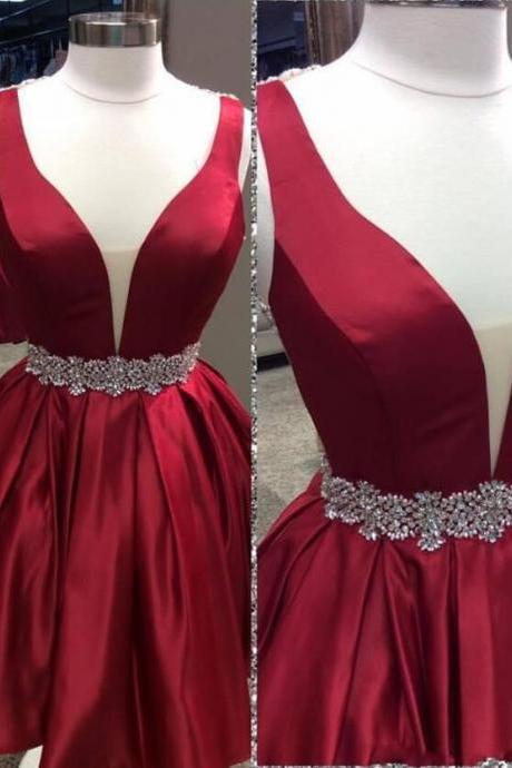Deep V-neck Burgundy Prom Dress,sexy Backless Short Homecoming Dresses,sexy Prom Dress, A Line Party Dress With Beadings