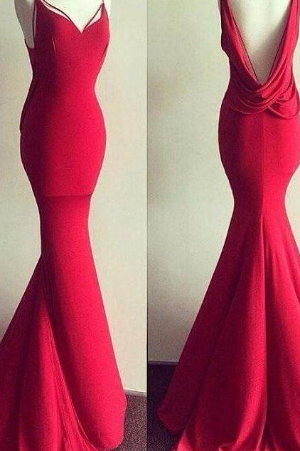 Straps Long Backless Prom Dress,sexy Mermaid Prom Dress, Red Sweetheart Evening Dress With Sweep Train