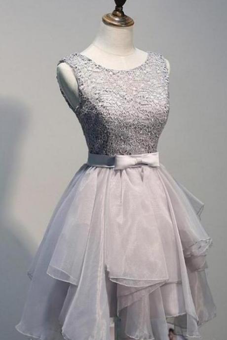Grey Sleeveless Homecoming Dress,lace Prom Dress,v Back Short Prom Dress,cute A Line Homecoming Dress