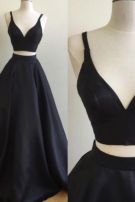 Simple Two Piece Cheap Prom Dress, Black Strap V Neck Prom Dress,Evening Dress,A Line Evening Dress