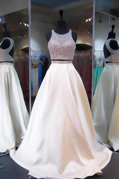 Elegant Two Pieces Prom Dress,beaded Prom Dress,ivory Long Prom Dress,open Back Two-piece Prom Dress