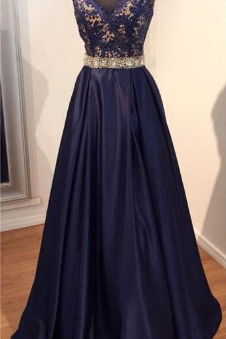 Glamorous Navy Blue Prom Dress,Cheap Lace Prom Dress,Beaded Prom Dress,Cap Sleeve Prom Dress,Long Prom Dress,Prom Ball Gowns,V-Neck Prom Dress,Satin Prom Dress,Prom Dress Plus Size,Prom Dress Costume,Prom Dress With Waistband