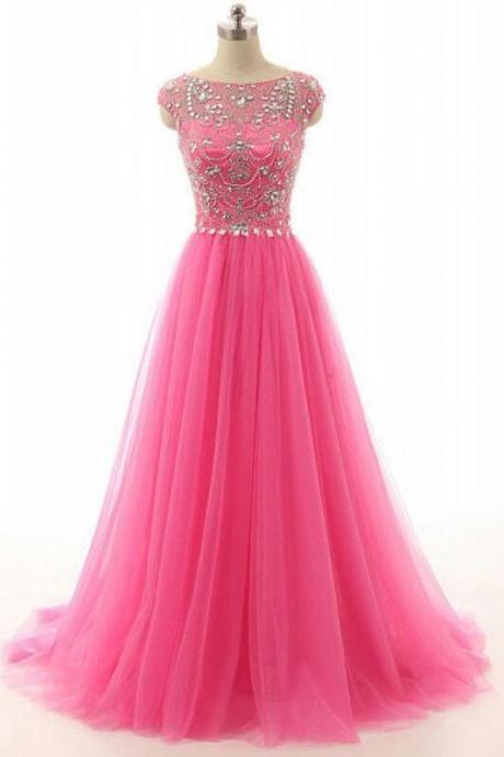 High Quality Tulle Prom Dresses,sexy Prom Dress,handmade Beading Tulle Long Prom Dresses,charming Pink A-line Evening Gowns