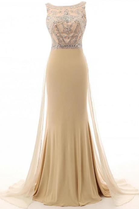 Champagne Cap Sleeves Long Prom Dress,charming Mermaid Prom Dresses,sexy Beading Long Evening Gowns 2017