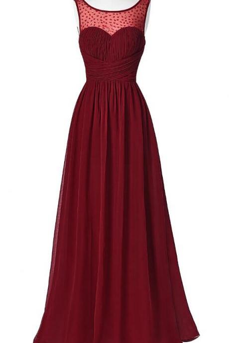 Sleeveless Burgundy Prom Dresses ,V-Back Chiffon Long Prom Dress,Handmade Prom Dress,Cheap Prom Dress,Formal Evening Gown,Prom Gown