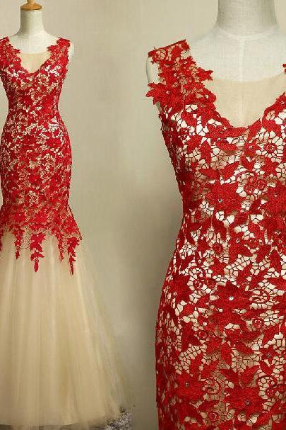 Sexy Lace Prom Dress,mermaid Lace Women Evening Dress,formal Gown Red Prom Dress 2017