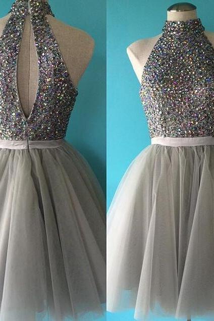 Grey Homecoming Dresses,a-line Homecoming Dresses,beaded Homecoming Dresses,backless Homecoming Dresses,short Prom Dresses,party Dresses