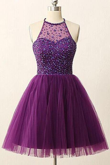 A-line Purple Homecoming Dresses,beaded Homecoming Dresses,backless Homecoming Dresses,short Prom Dresses,party Dresses