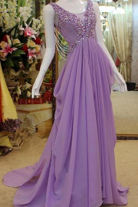 Beauty Purple Prom Dress,chiffon Evening Dress With Crystals Floor Length Party Dresses