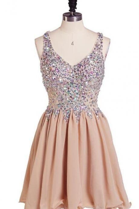 Champagne Beaded Party Dresses,Short Homecoming Dress,Sexy Homecoming Dresses,Short-Mini Graduation Dresses,Beading Homecoming Dresses