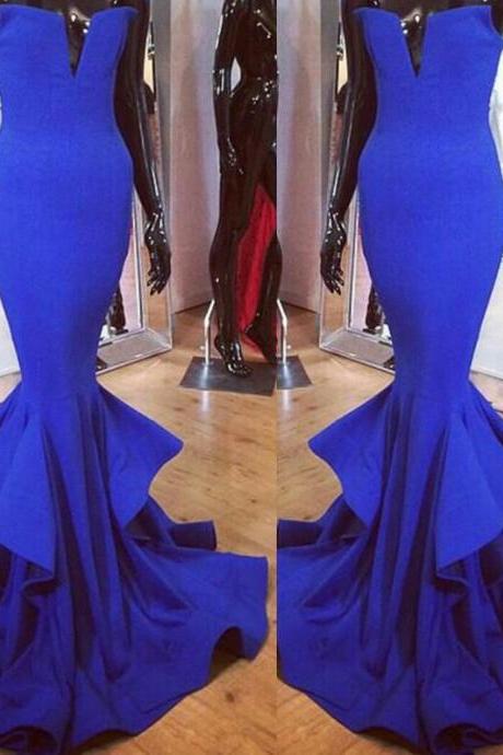 Royal Blue Plunging Strapless Mermaid Long Prom Dress, Evening Dress with Ruffled Skirt 