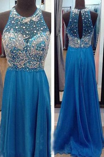 Blue Sleeveless Sheer Beaded A-line Long Prom Dress, Evening Dress Featuring Keyhole Back