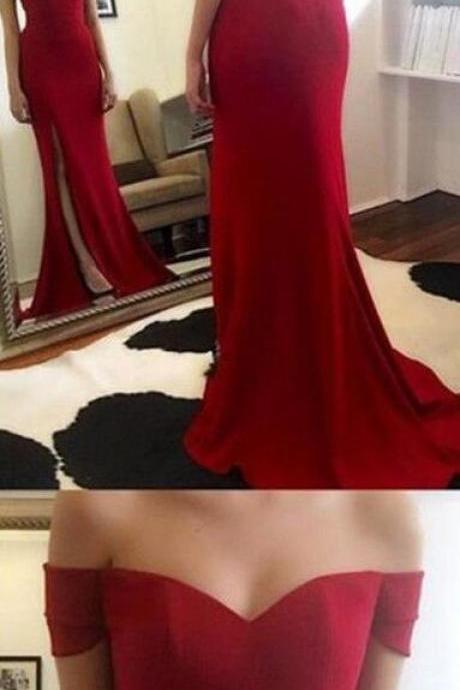 Red Off Shoulder Neckline Mermaid Floor Length Prom Dress With High Split