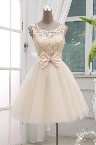 Charming Short Prom Dress, Champagne Lace Ball Gown Knee Lenth Prom Dress, Lace Prom Dress, Homecoming Dresses