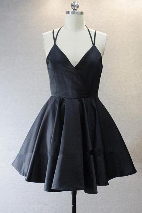 Black V-neckline Short Homecoming Dress,somple Satin Halter Handmade Formal Dresses, Little Black Dresses, Homecoming Dresses, Short Prom Dresses