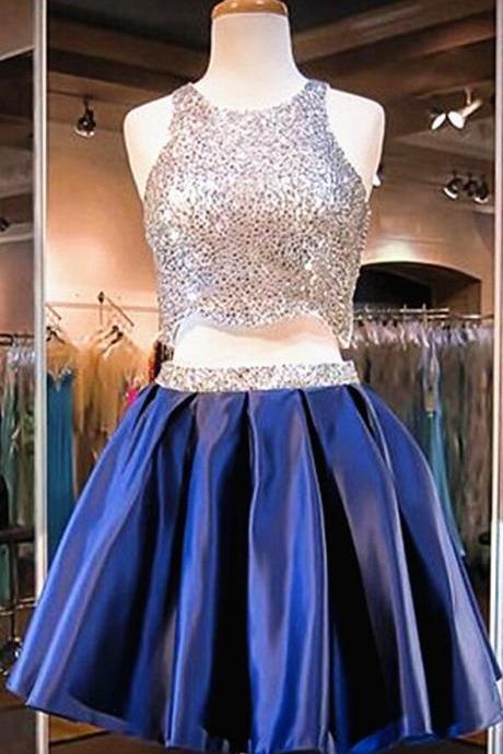 2 Piece Navy Blue Homecoming Dress,sexy Beading Homecoming Gowns,short Bling Homecoming Dress,2 Pieces Cocktail Dress,evening Gowns