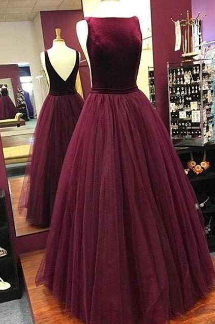 Beauty Tulle Burgundy Boat Neckline Prom Dress, Prom/evening Dress,tulle Ball Gown Prom Dress , Open Back Pageant Gown
