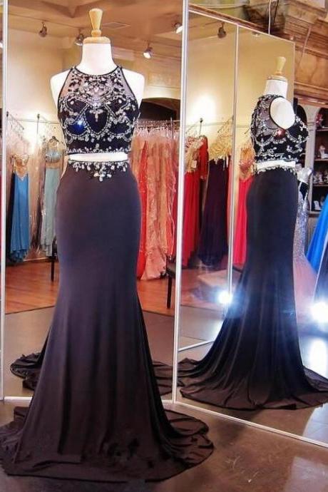 Sexy Two Pieces Prom Dress,Beading Prom Dress,Black Prom Dress Evening Party Gown