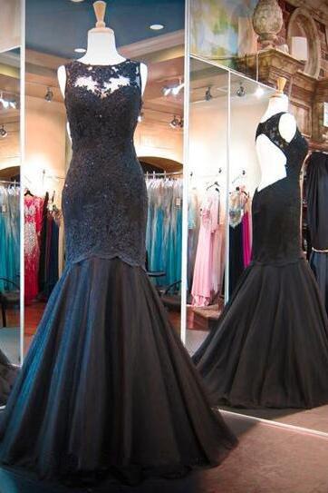 Sweetheart Scoop Neckline Prom Dress,sexy Lining Black Mermaid Lace Appliques Tulle Long Prom Dress With Backless,lace Prom Dress