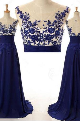 Lace Appliques Scoop Neckline Prom Dress,navy Tulle Top Chiffon Skirt Long Prom Dress With Keyhole Back