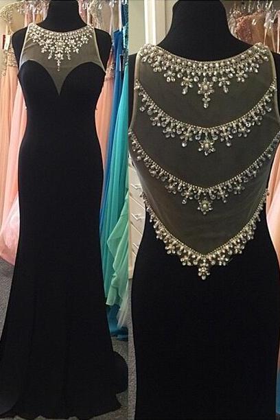 Scoop Sweetheart Prom Dress,black Chiffom Beaded Prom Dress,mermaid Long Prom Dress With Tulle Full Back