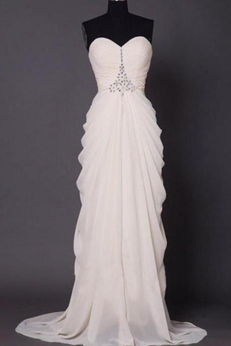 Custom Long White Prom Dress With Rhinestones Sparkly Sweetheart Neckline Chiffon Prom Dress