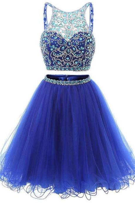 Two Piece Jewel Neck Prom Dress,shining Cocktail Dresses,homecoming Dresses,backless Prom Dress,short Prom Dress, Royal Blue Homecoming