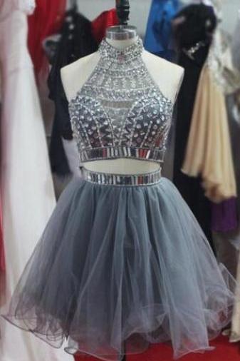 Halter Neck Two Piece Tulle Homecoming Dresses,short Porm/party Dresses, Short Homecoming Dresses