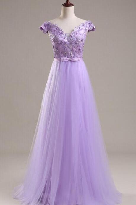 Cap Sleeves Appliques Long Prom Dresses,light Purple Prom Dress, Prom Dress, Tulle Prom Dresses