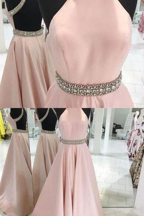 Blush Pink A-line High Neck Long Prom Dress, Prom Dress,backless Prom Gown,satin Beaded Evening Dress