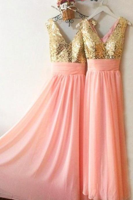 Gold Sequins Bridesmaid Dress,long Chiffon Bridesmaid Dress,pink Bridesmaid Dresses ,sparkly Evening Party Prom Gowns