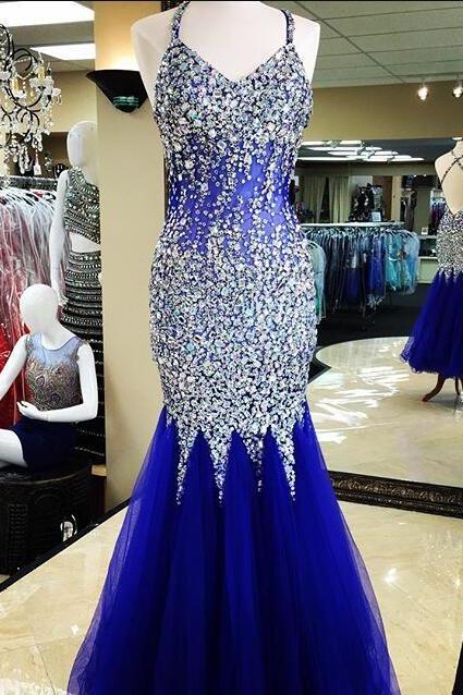 Royal Blue Prom Dress,beading Prom Dress,evening Dress,crystal Beaded Organza Long Prom Dresses Mermaid Evening Gowns
