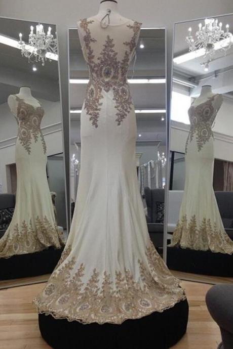 Ivory Chiffon Prom Dress,Sexy prom Dress,Gold Lace Appliques Prom Dress,Mermaid Evening Dresses, Long Prom Gowns 