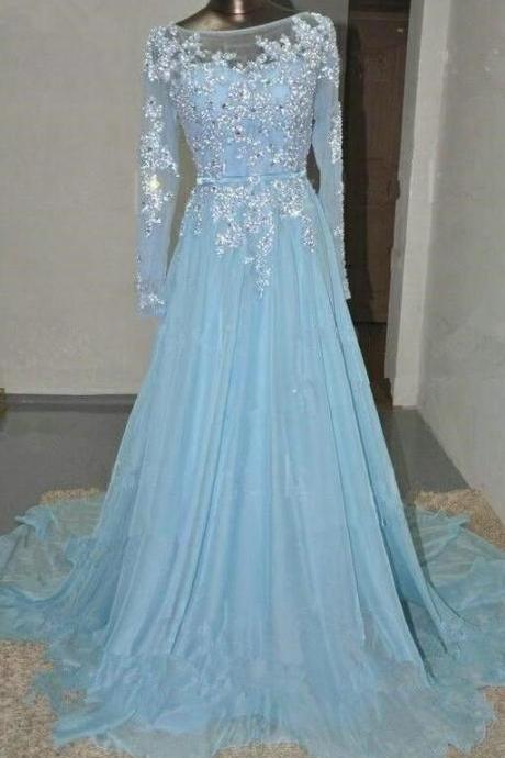 Pretty Light Blue Prom Dress,sexy Long Sleeves Prom Gown,chiffon Long Prom Dress With Applique And Beadings, Prom Dresses,formal Dresses, Evening