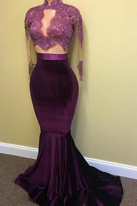 Velvet Two Piece Prom Dress With Long Sleeves,sexy Prom Dress,lace Evening Dress,long Dress