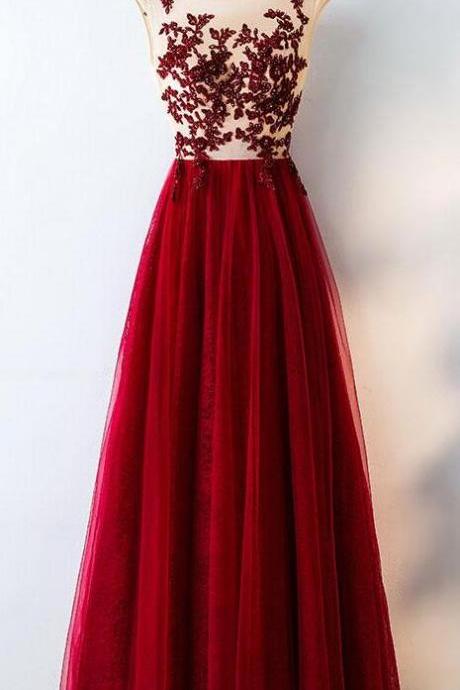 Burgundy Prom Dress,tulle Lace Prom Gown,applique Long Prom Dress,cap Sleeve Sheer Beaded Formal Dress,a-line Evening Dress